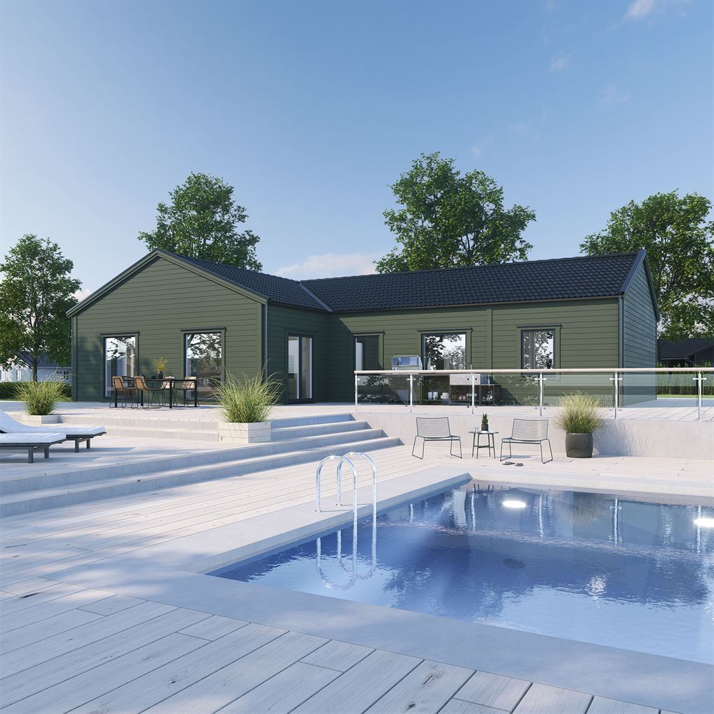 Grönt Villa Lindö exteriör i modern stil med pool